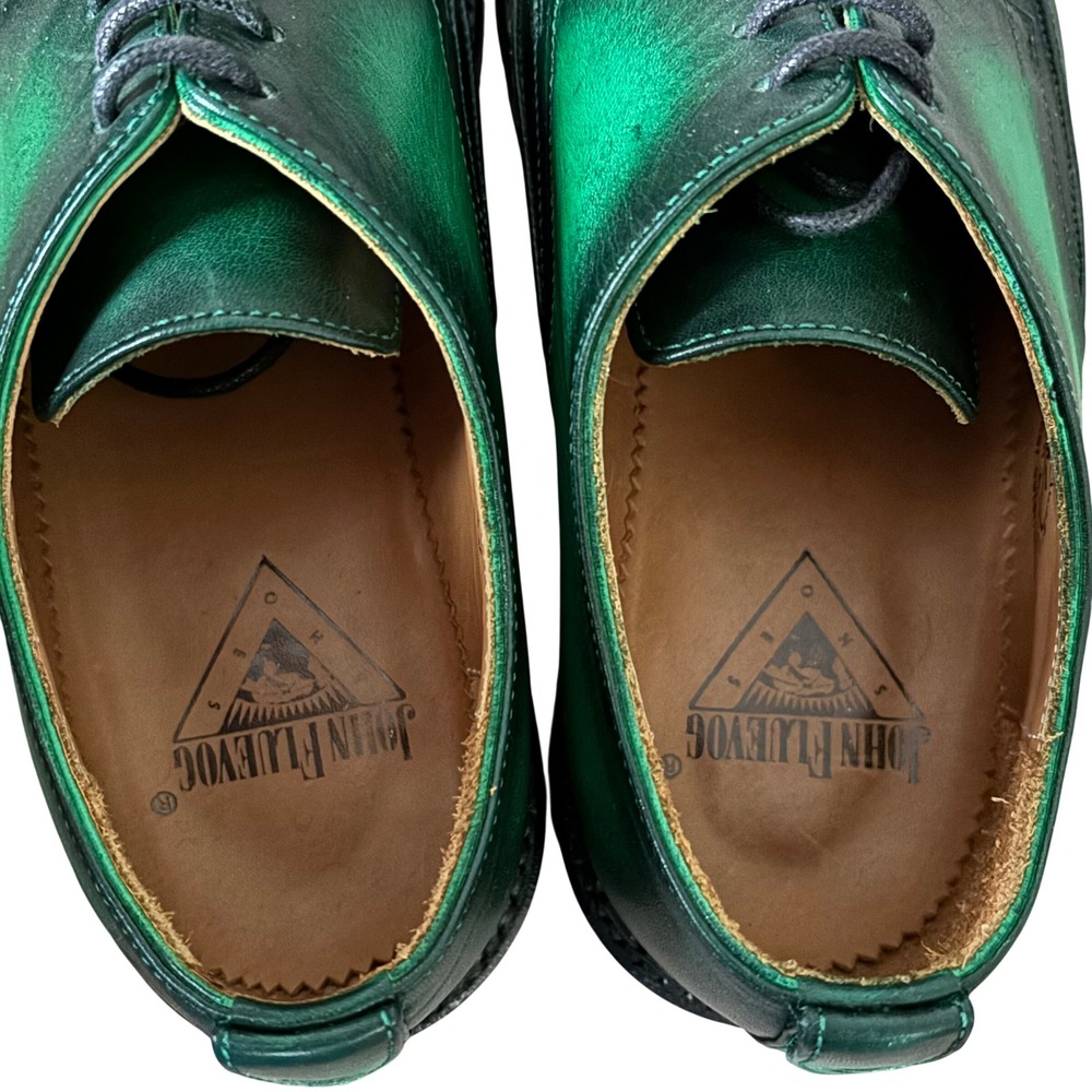John Fluevog Moneymaker Lace Up Derby Shoes Size 7 Green Hand Painted Leather - Picture 7 of 10